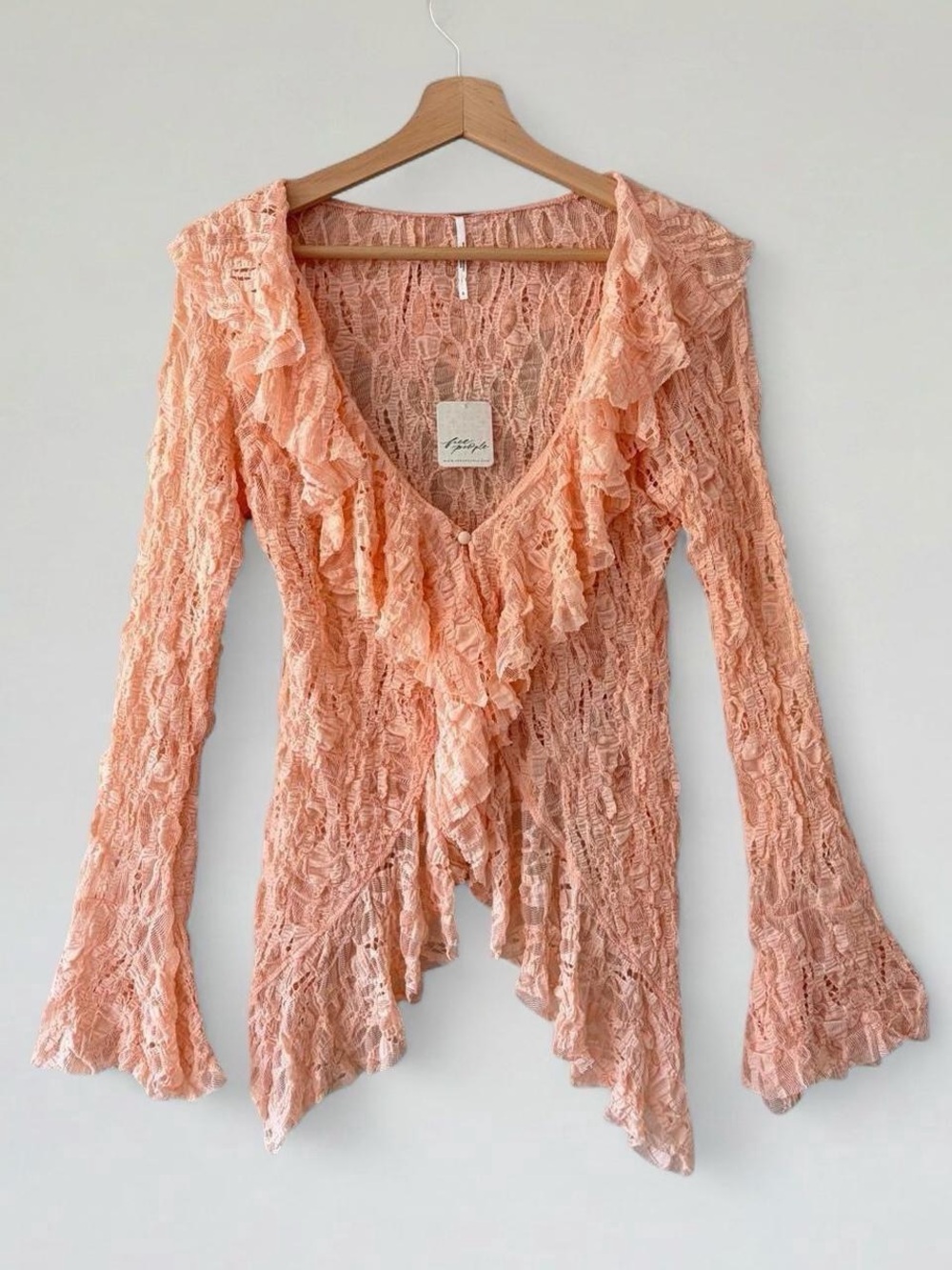 Free People Peach Ruffle Lace V-Neck Blouse Cardigan